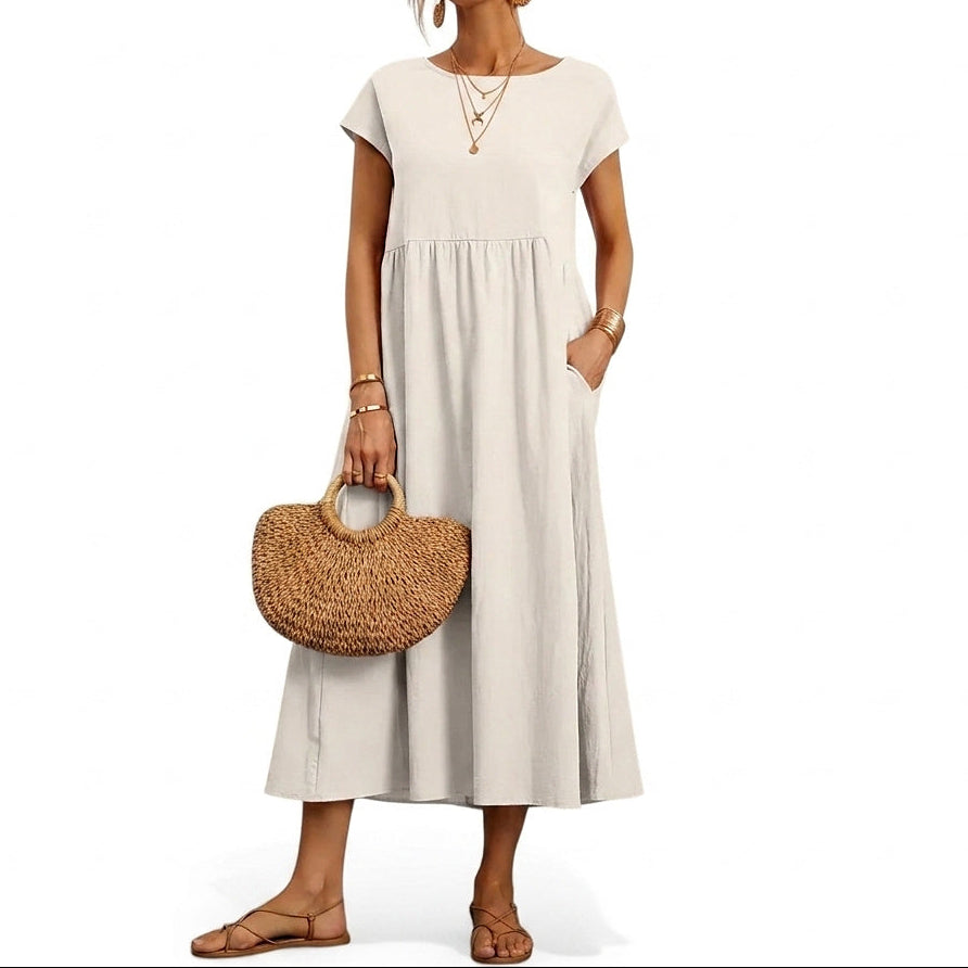 Midiklänning för dam med korta ärmar och sidofickor-Midi Dress-Fjallbarn