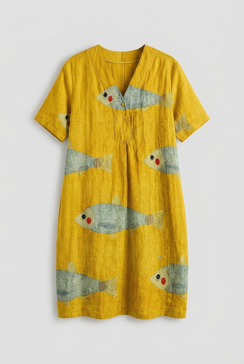 Midiklänning med fiskmönster och V-ringning för dam-Midi Dress-Fjallbarn