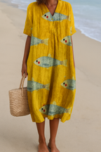 Midiklänning med fiskmönster och V-ringning för dam-Midi Dress-Fjallbarn