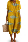 Midiklänning med fiskmönster och V-ringning för dam-Midi Dress-Fjallbarn