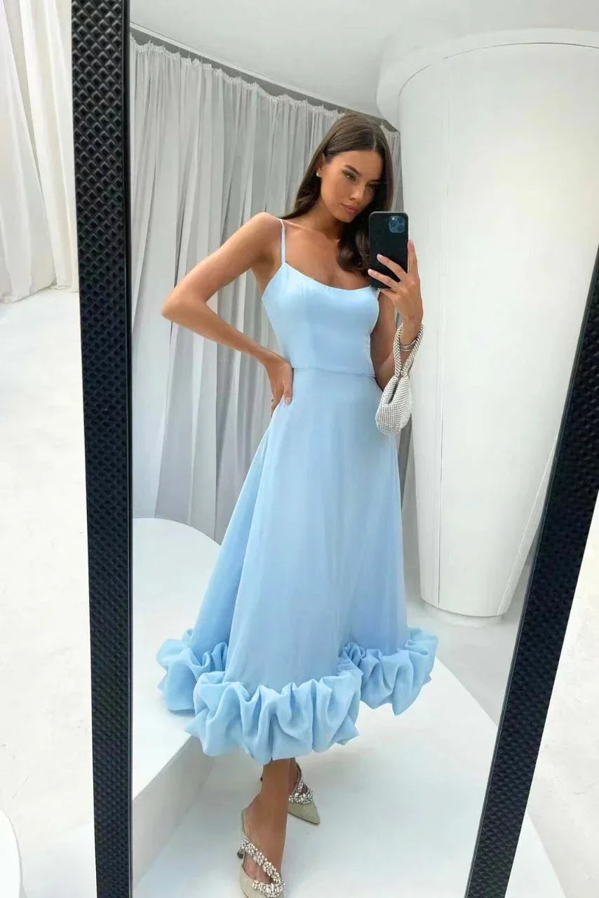 Midiklänning med smala axelband och volangkant för dam-Maxi Dress-Fjallbarn