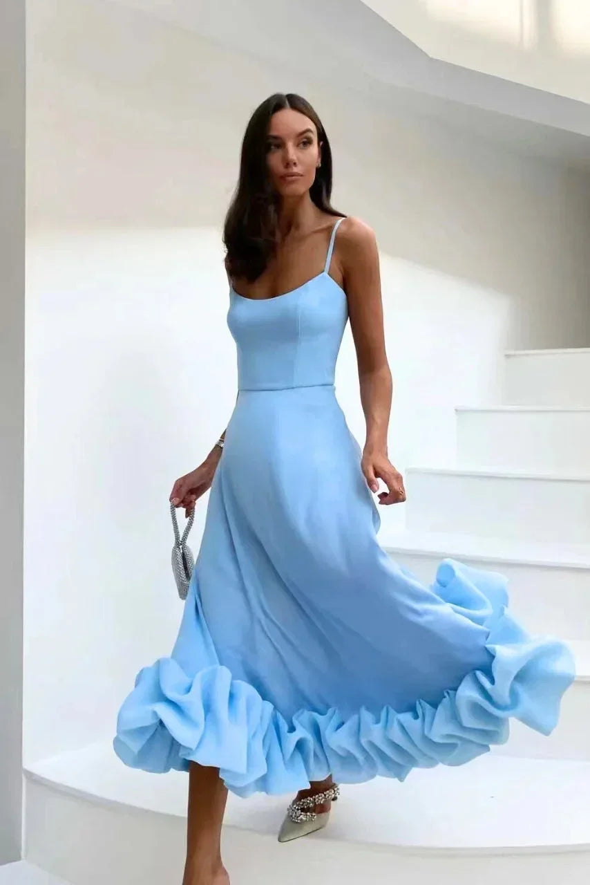 Midiklänning med smala axelband och volangkant för dam-Maxi Dress-Fjallbarn