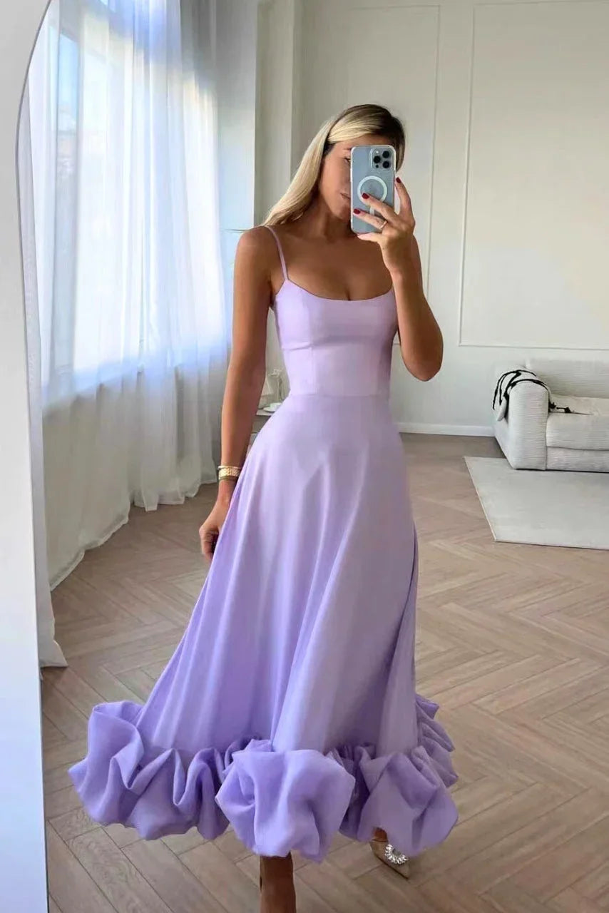 Midiklänning med smala axelband och volangkant för dam-Maxi Dress-Fjallbarn