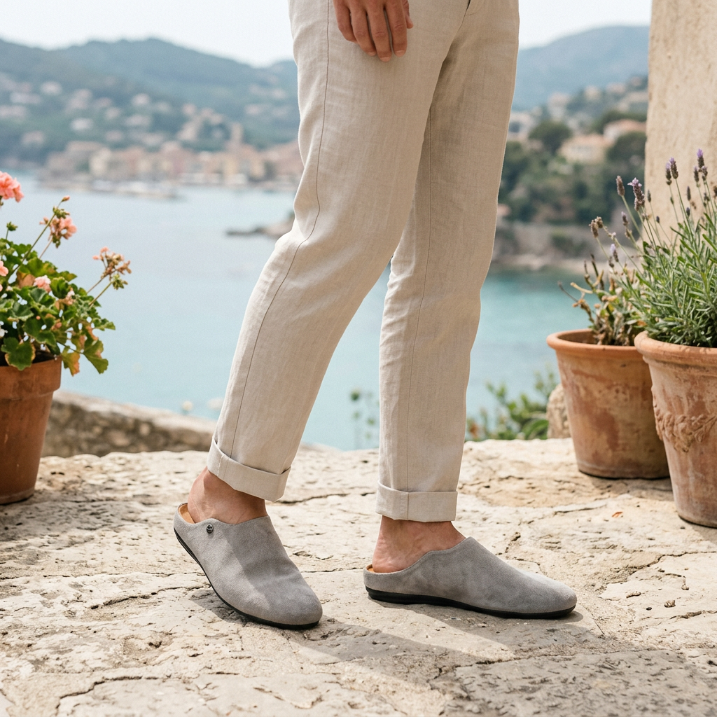 Mockasin-tofflor i mocka för män med metalldetaljer-Footwear for men-Fjallbarn