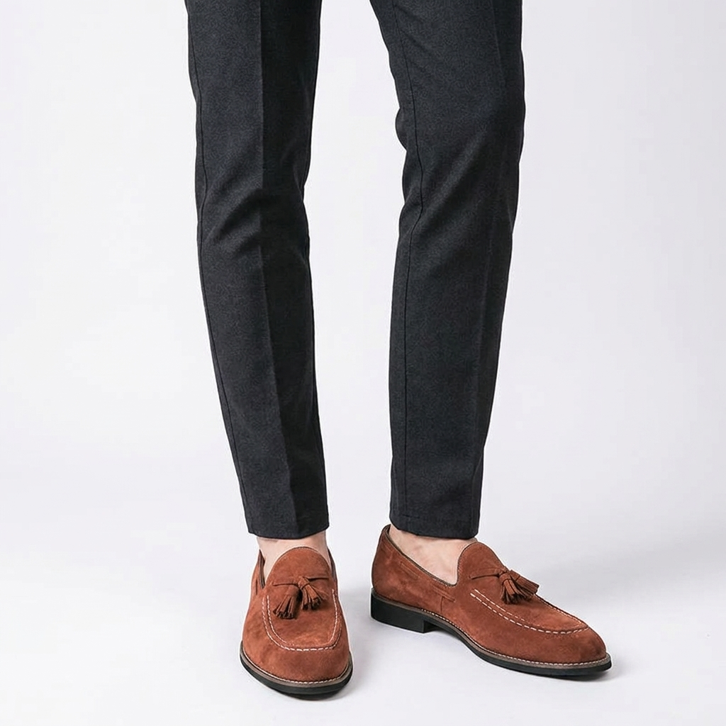 Mockasiner i mocka med tofsar och kontrastsömmar för herr-Footwear for men-Fjallbarn