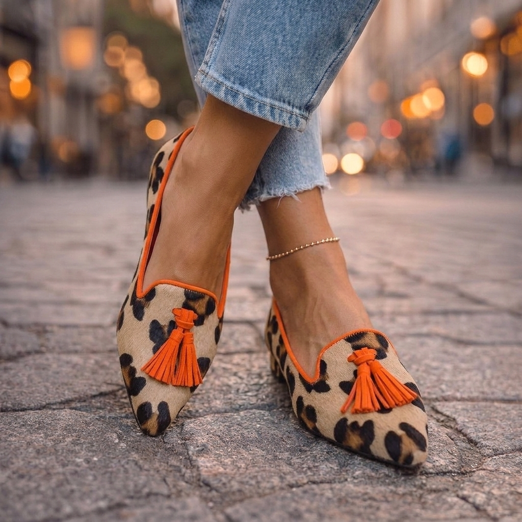 Mockasiner i mockaimitation med spetsig tå och tofsar för dam-Footwear for women-Fjallbarn