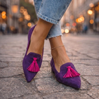 Mockasiner i mockaimitation med spetsig tå och tofsar för dam-Footwear for women-Fjallbarn