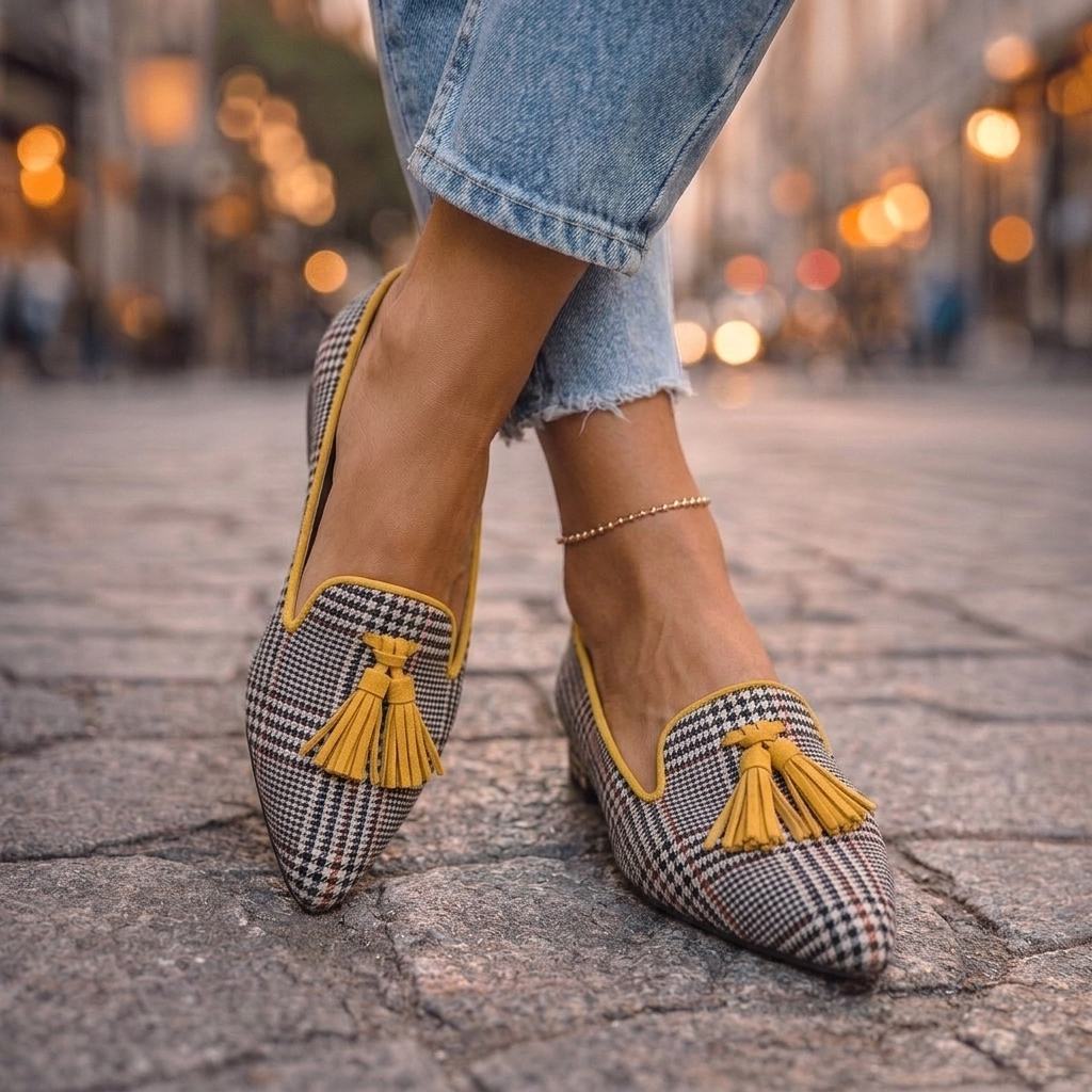 Mockasiner i mockaimitation med spetsig tå och tofsar för dam-Footwear for women-Fjallbarn