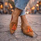 Mockasiner i mockaimitation med spetsig tå och tofsar för dam-Footwear for women-Fjallbarn