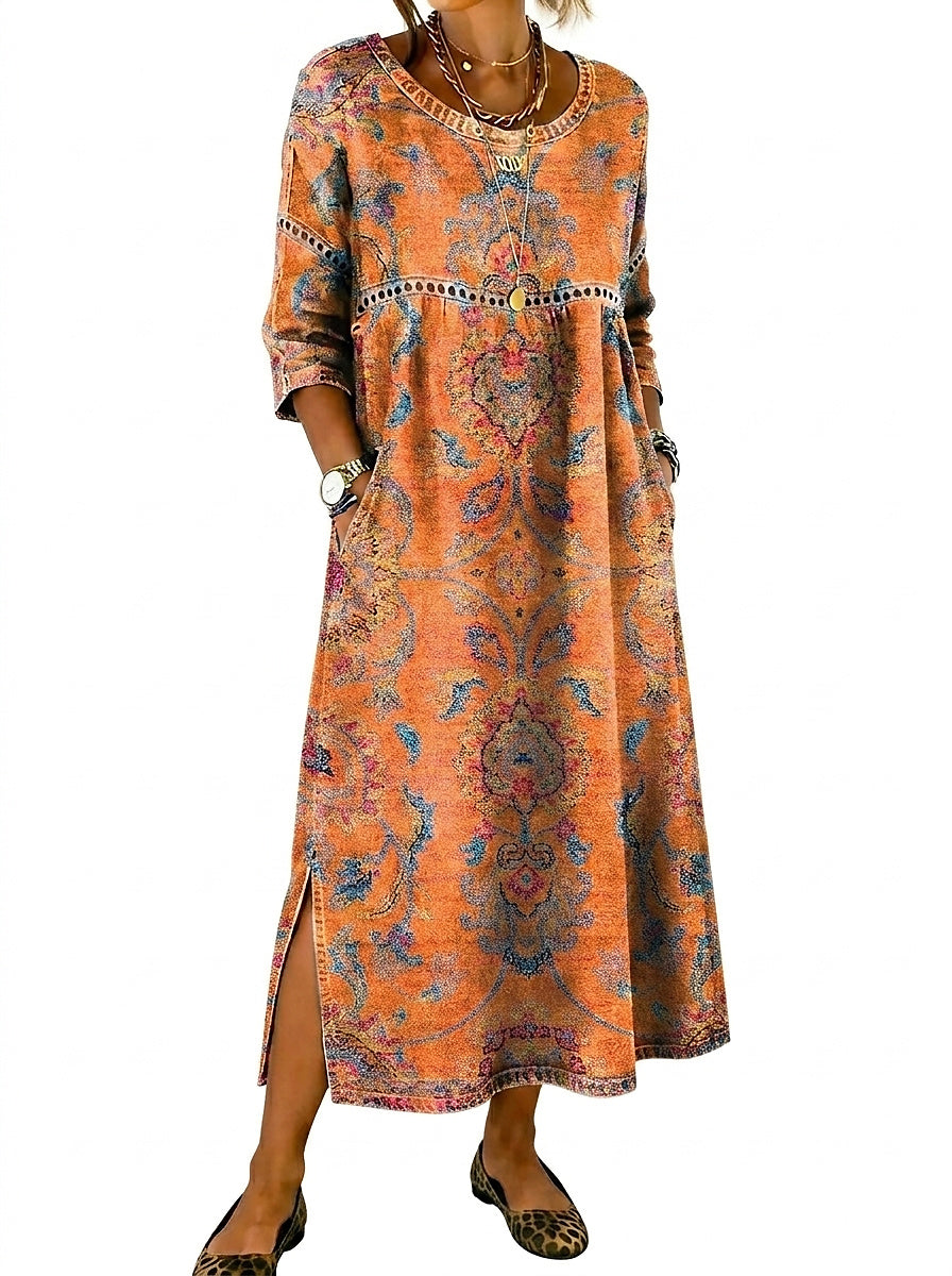 Mönstrad maxiklänning med sidoslitsar för dam-Maxi Dress-Fjallbarn