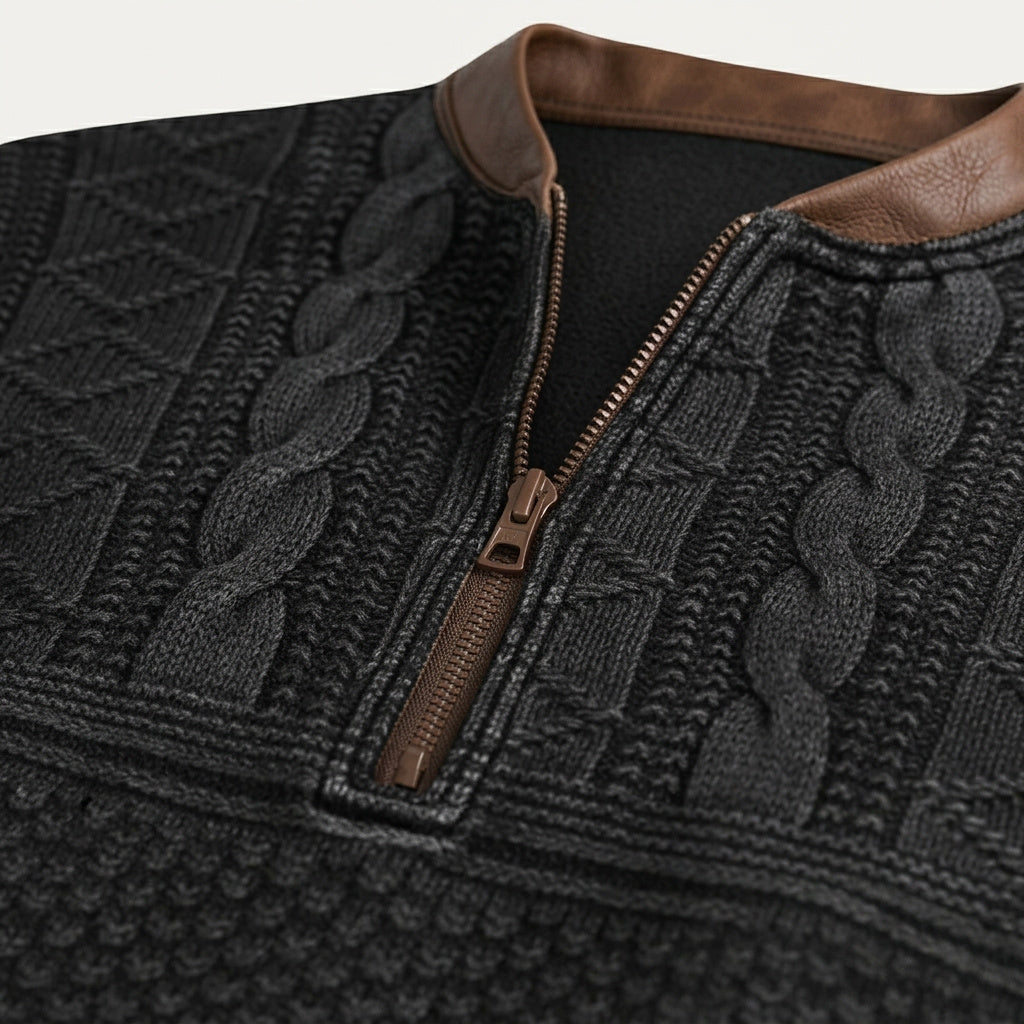 Mönstrad stickad tröja med halv dragkedja och armbågslappar för herr-Sweaters for men-Fjallbarn