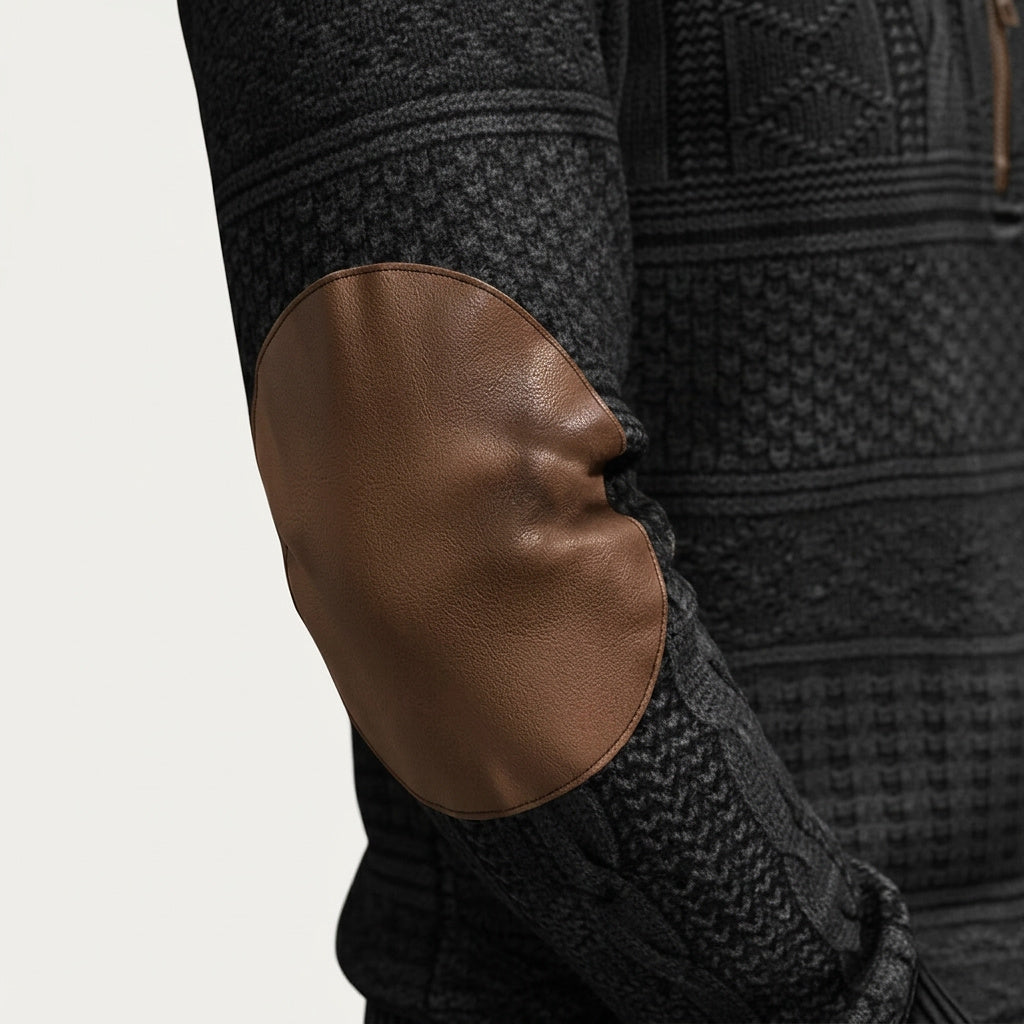 Mönstrad stickad tröja med halv dragkedja och armbågslappar för herr-Sweaters for men-Fjallbarn