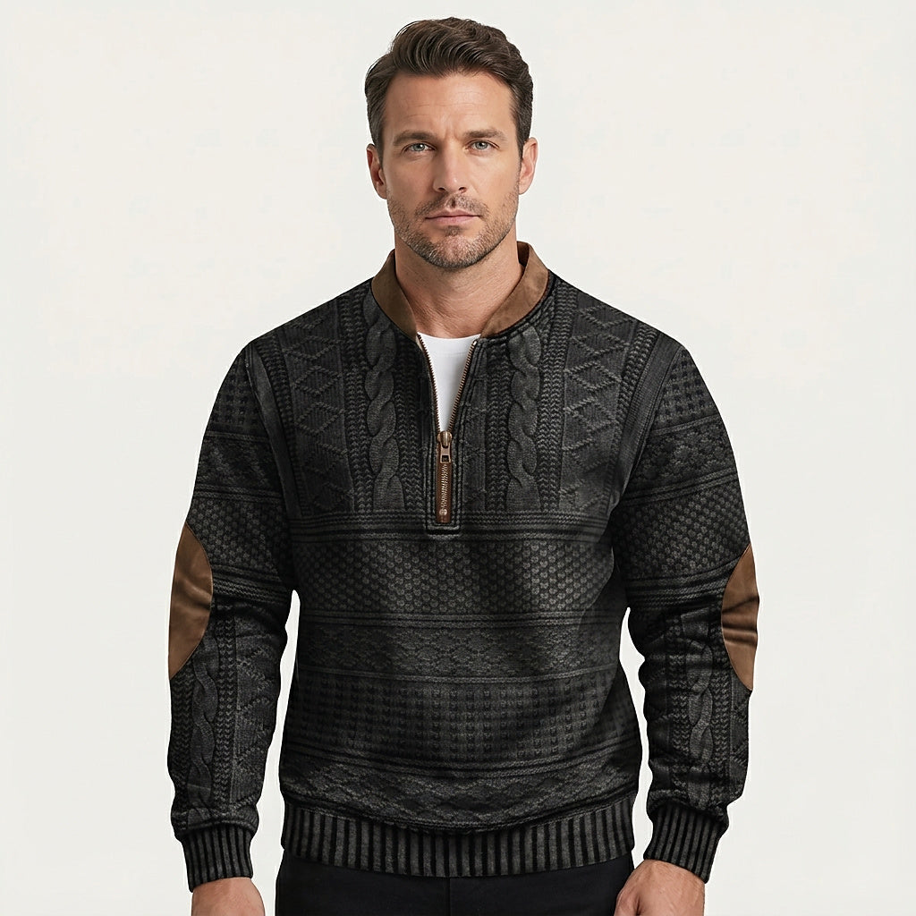 Mönstrad stickad tröja med halv dragkedja och armbågslappar för herr-Sweaters for men-Fjallbarn