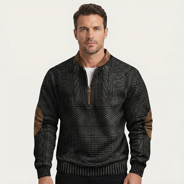 Mönstrad stickad tröja med halv dragkedja och armbågslappar för herr-Sweaters for men-Fjallbarn