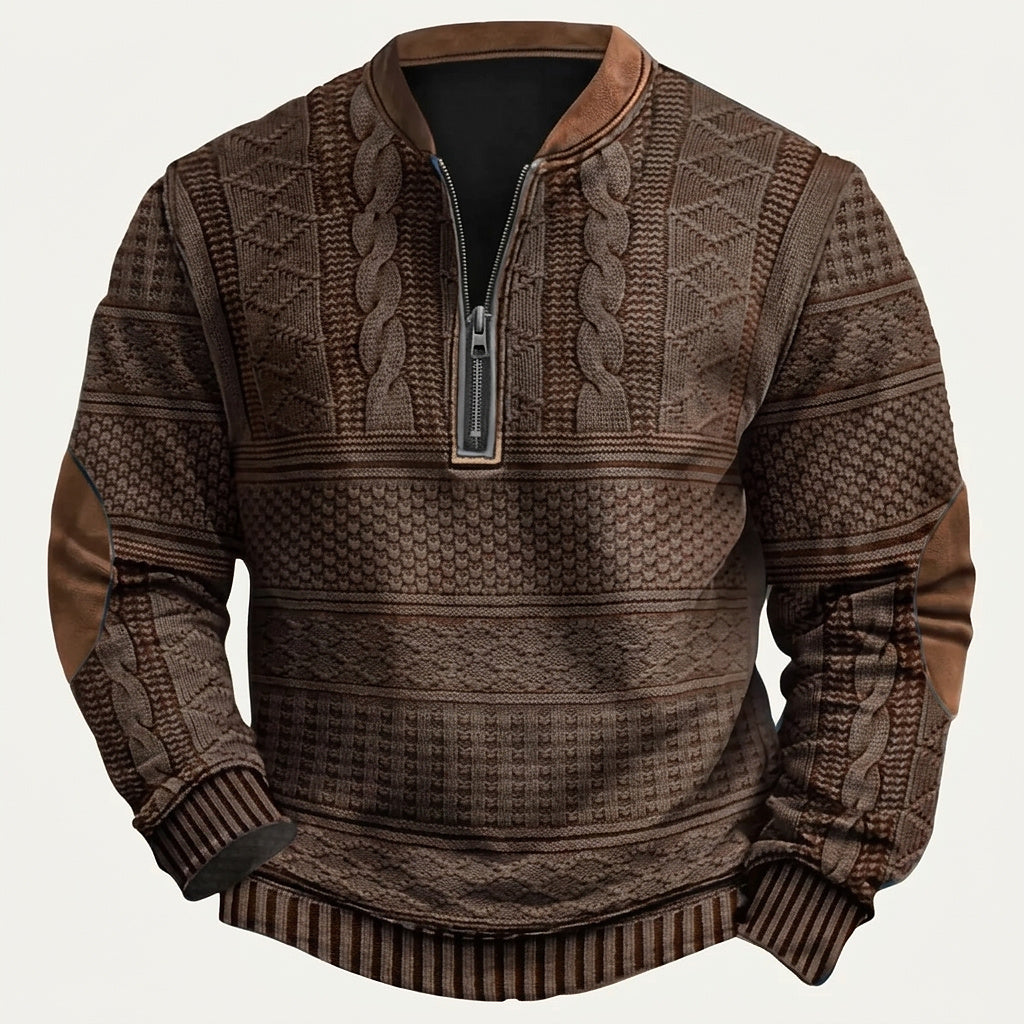 Mönstrad stickad tröja med halv dragkedja och armbågslappar för herr-Sweaters for men-Fjallbarn