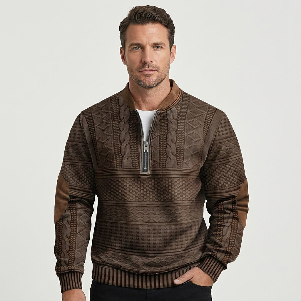 Mönstrad stickad tröja med halv dragkedja och armbågslappar för herr-Sweaters for men-Fjallbarn