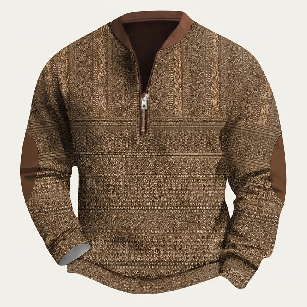 Mönstrad stickad tröja med halv dragkedja och armbågslappar för herr-Sweaters for men-Fjallbarn