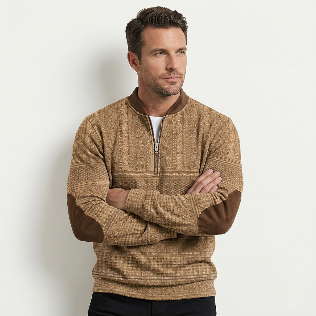 Mönstrad stickad tröja med halv dragkedja och armbågslappar för herr-Sweaters for men-Fjallbarn