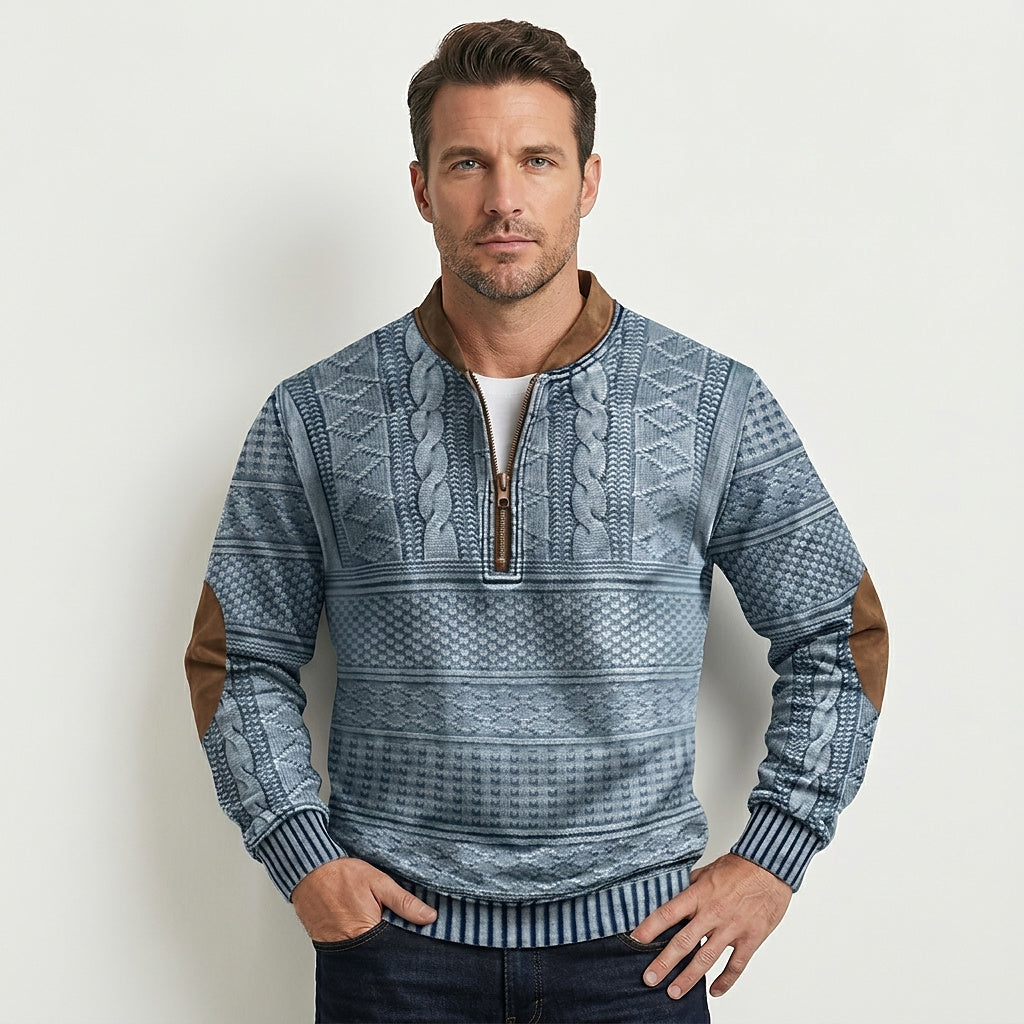 Mönstrad stickad tröja med halv dragkedja och armbågslappar för herr-Sweaters for men-Fjallbarn
