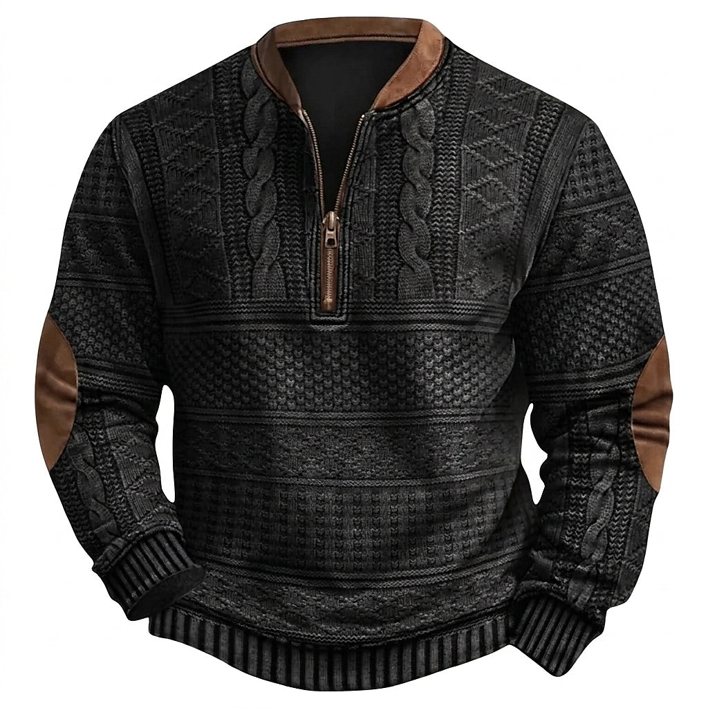 Mönstrad stickad tröja med halv dragkedja och armbågslappar för herr-Sweaters for men-Fjallbarn