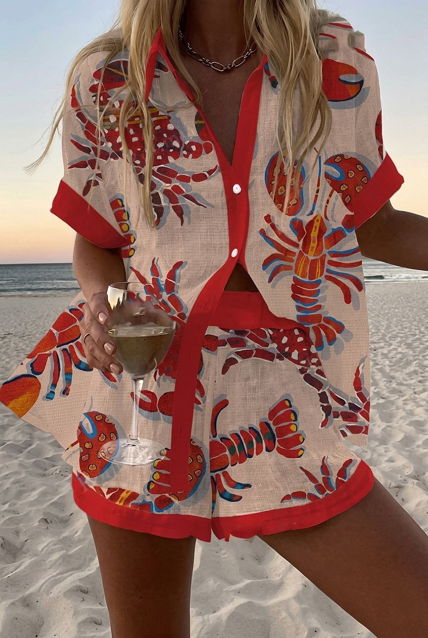 Mönstrat set med kortärmad skjorta och shorts för dam-Sets for women-Fjallbarn