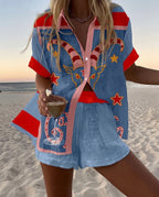 Mönstrat set med kortärmad skjorta och shorts för dam-Sets for women-Fjallbarn