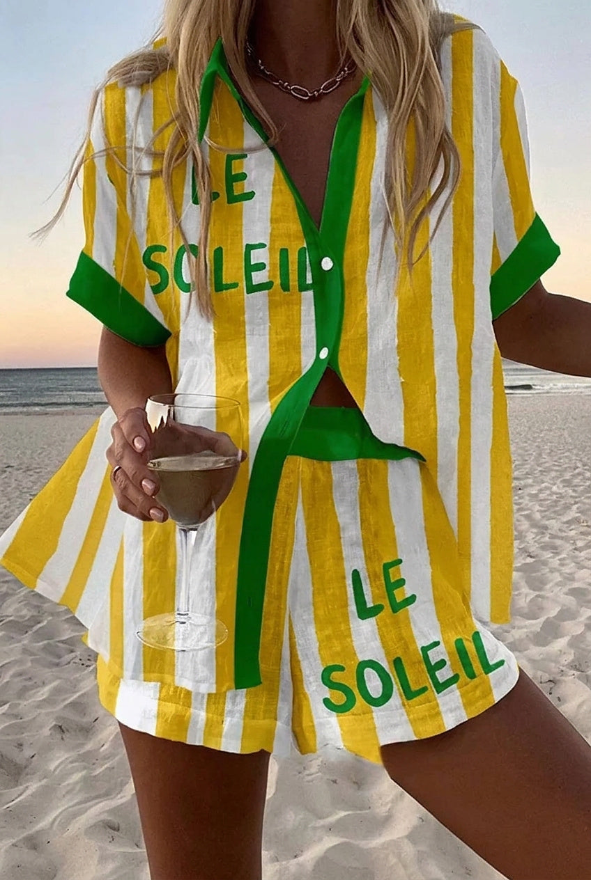 Mönstrat set med kortärmad skjorta och shorts för dam-Sets for women-Fjallbarn
