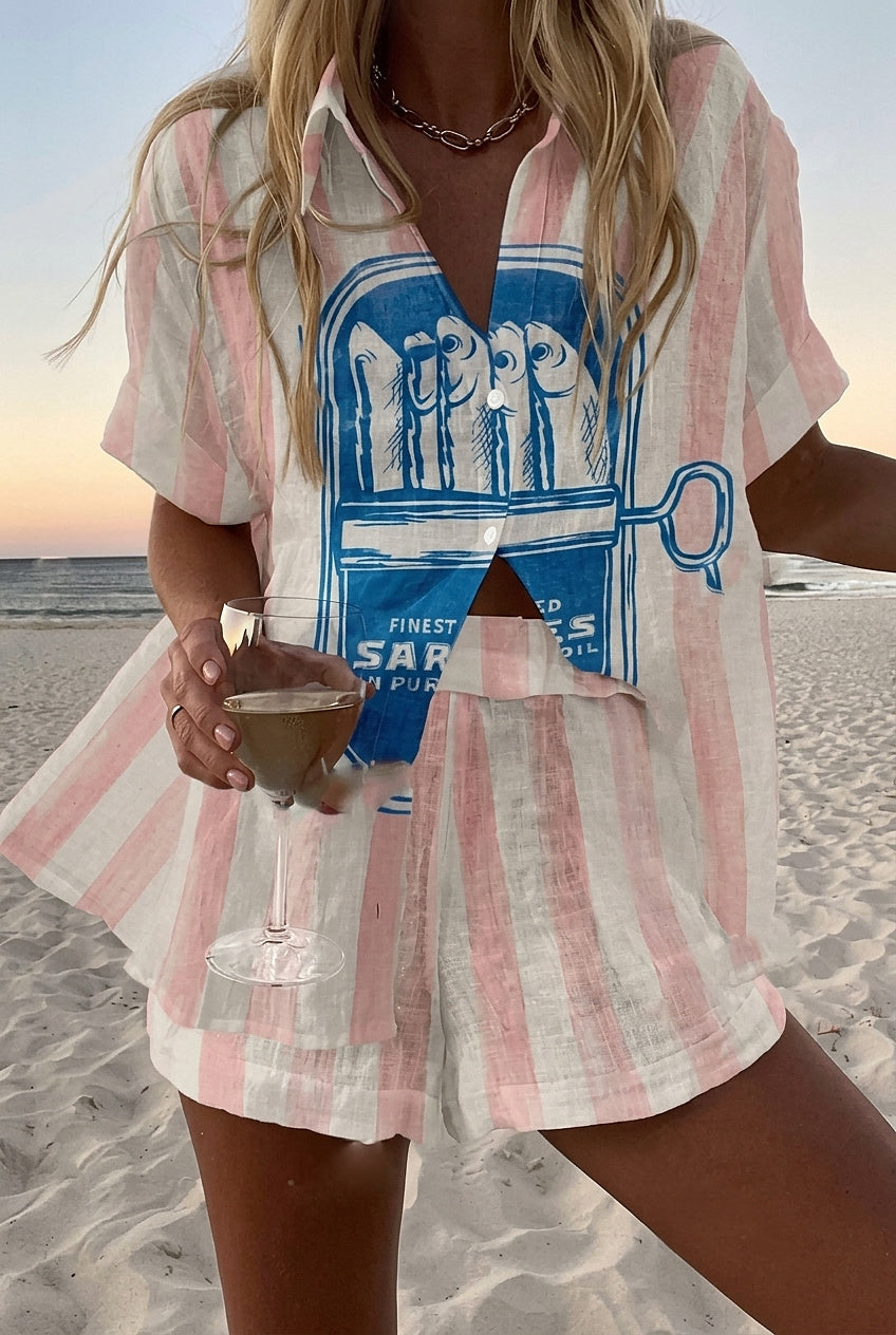 Mönstrat set med kortärmad skjorta och shorts för dam-Sets for women-Fjallbarn