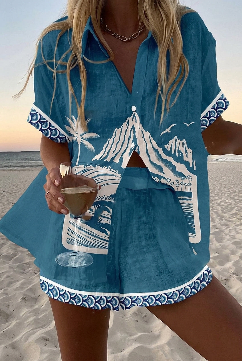 Mönstrat set med kortärmad skjorta och shorts för dam-Sets for women-Fjallbarn