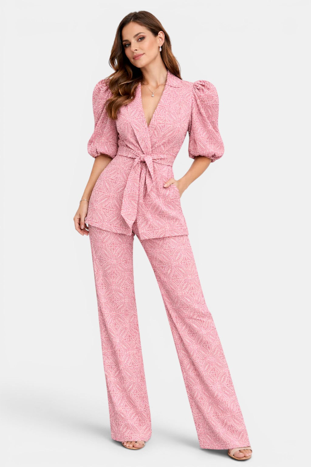 Mönstrat tvådelat set för dam med puffärmar-Sets for women-Fjallbarn
