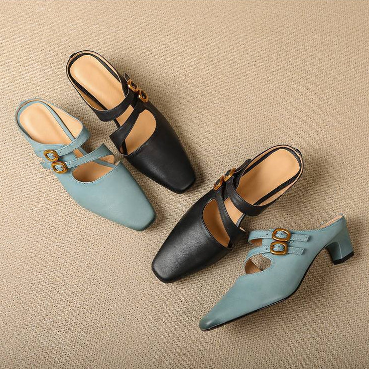 Mules med fyrkantig tå och dubbla remmar för dam-Footwear for women-Fjallbarn