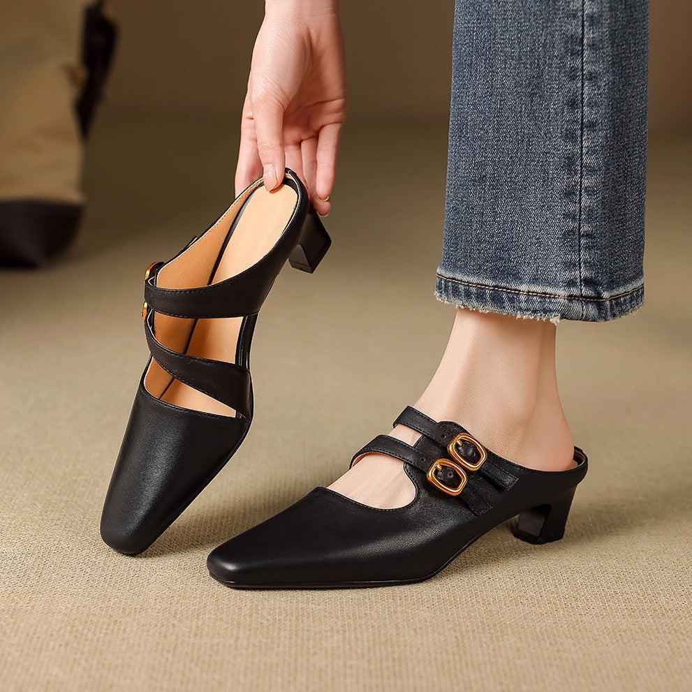 Mules med fyrkantig tå och dubbla remmar för dam-Footwear for women-Fjallbarn
