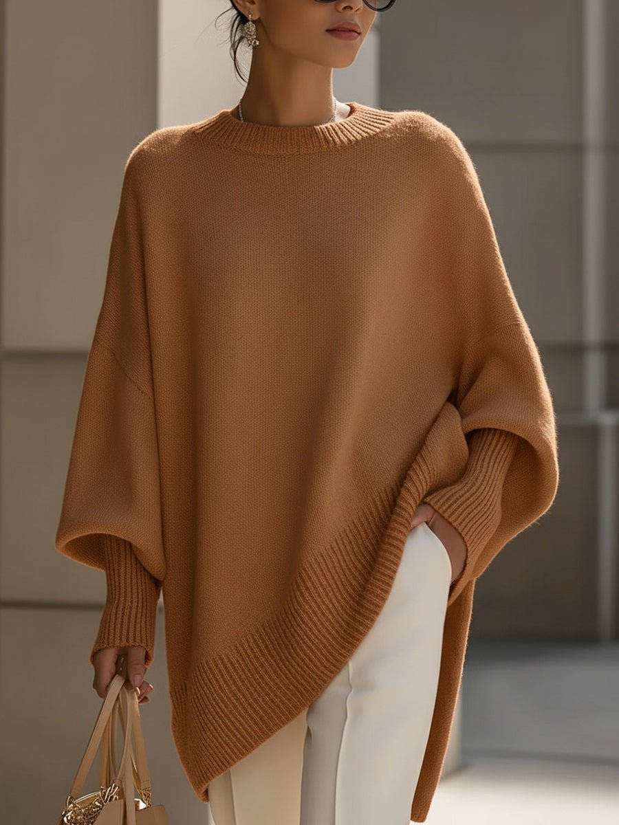 Oversize-stickad tröja för dam med fladdermusärmar-Sweaters for Women-Fjallbarn