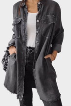 Oversized jeansskjortklänning för dam med fransig fåll-Mini Dress-Fjallbarn