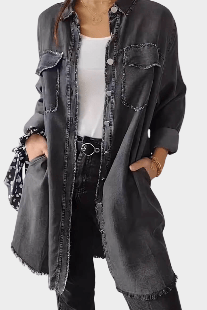 Oversized jeansskjortklänning för dam med fransig fåll-Mini Dress-Fjallbarn