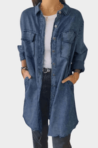 Oversized jeansskjortklänning för dam med fransig fåll-Mini Dress-Fjallbarn