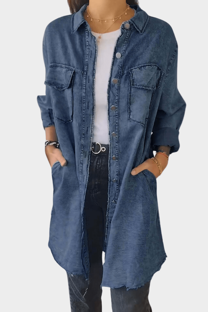 Oversized jeansskjortklänning för dam med fransig fåll-Mini Dress-Fjallbarn
