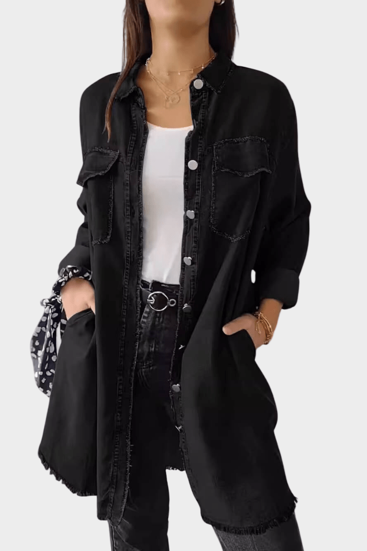 Oversized jeansskjortklänning för dam med fransig fåll-Mini Dress-Fjallbarn