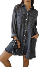 Oversized jeansskjortklänning för dam med fransig fåll-Mini Dress-Fjallbarn