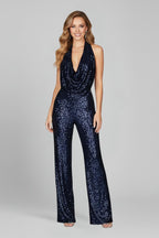 Paljettjumpsuit med halterneck och vattenfallsringning för dam-Jumpsuits for woman-Fjallbarn