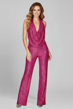 Paljettjumpsuit med halterneck och vattenfallsringning för dam-Jumpsuits for woman-Fjallbarn