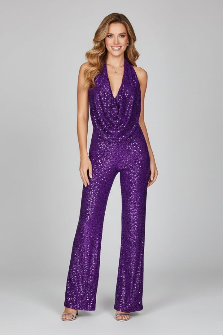 Paljettjumpsuit med halterneck och vattenfallsringning för dam-Jumpsuits for woman-Fjallbarn