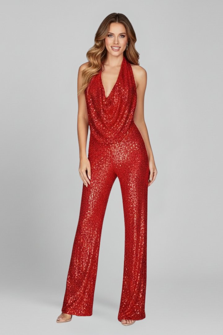 Paljettjumpsuit med halterneck och vattenfallsringning för dam-Jumpsuits for woman-Fjallbarn