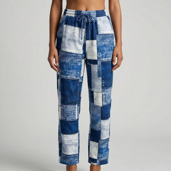 Patchworkbyxor i denim med raka ben för dam-Pants for Women-Fjallbarn