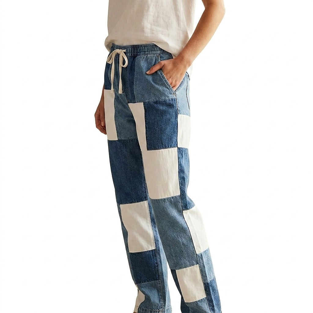 Patchworkbyxor i denim med raka ben för dam-Pants for Women-Fjallbarn