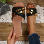 Platta slip-in-sandaler för dam med metalliska remmar-Footwear for women-Fjallbarn