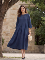 Plisserad midiklänning i linne med båthals för dam-Midi Dress-Fjallbarn