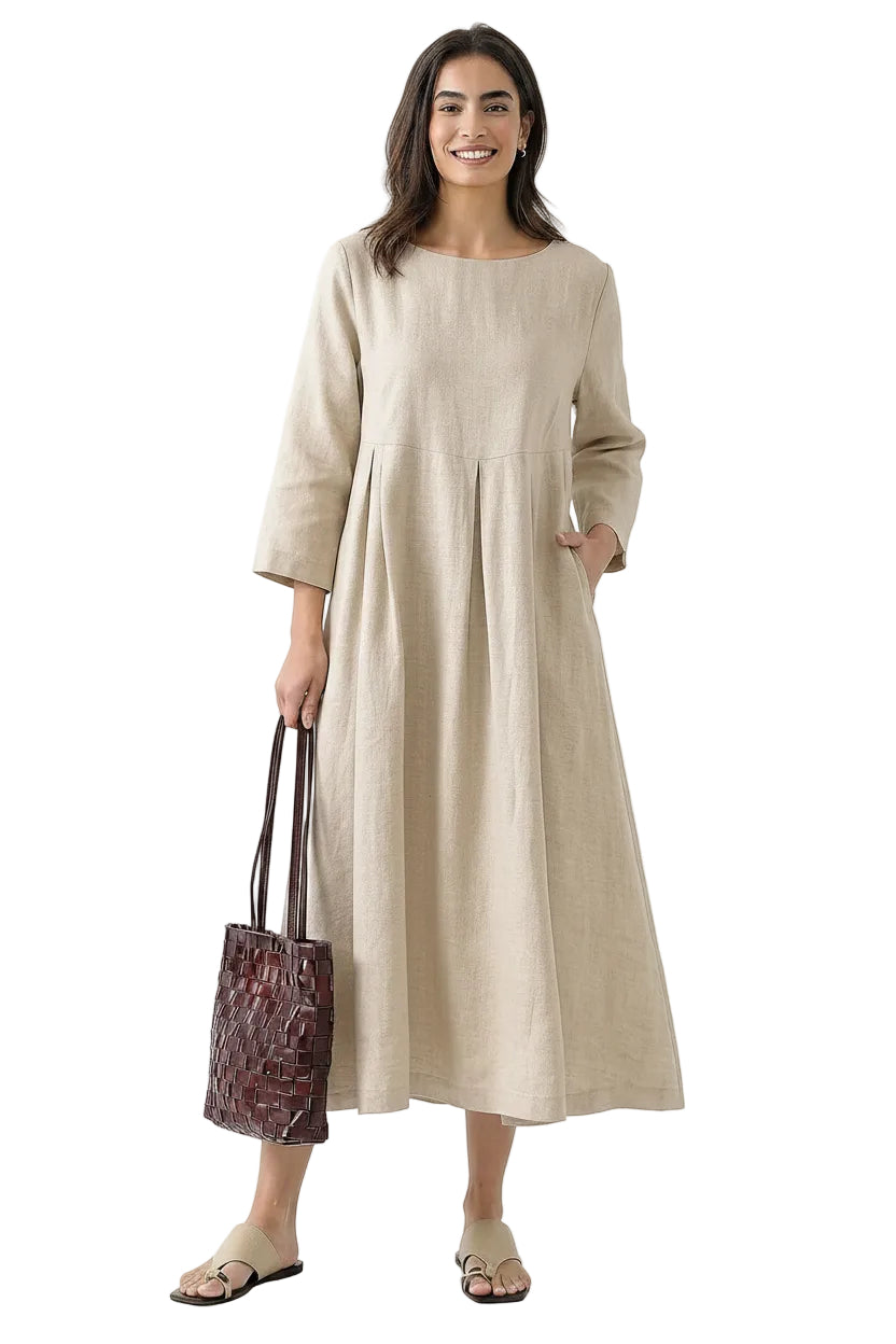 Plisserad midiklänning i linne med båthals för dam-Midi Dress-Fjallbarn