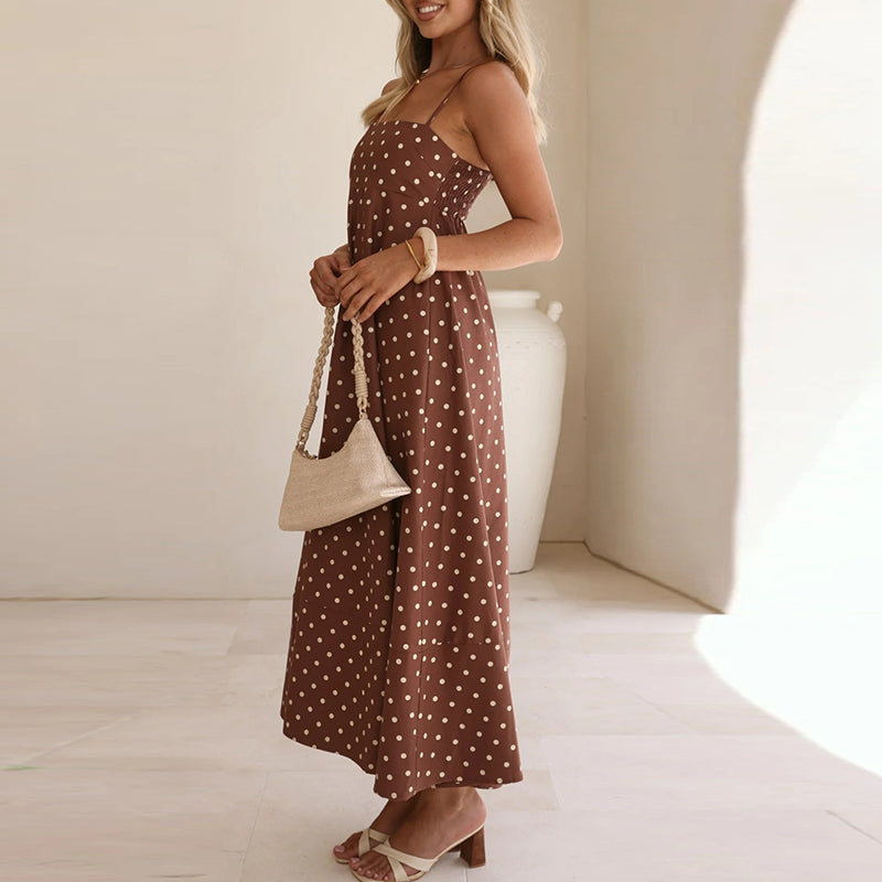 Prickig maxiklänning med smala axelband för dam-Maxi Dress-Fjallbarn