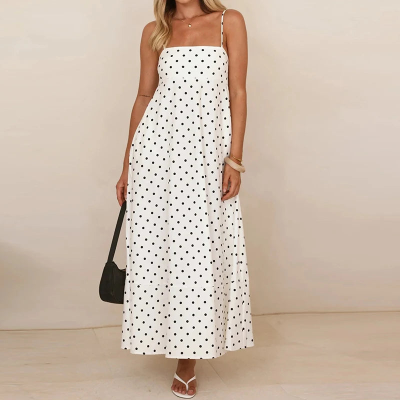 Prickig maxiklänning med smala axelband för dam-Maxi Dress-Fjallbarn